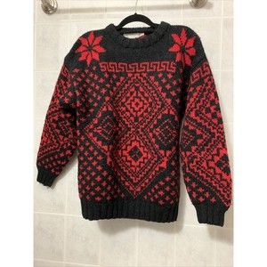 Vintage 90s GAP Red Black Hand Knit 100% Pure Wool Sweater Sz L